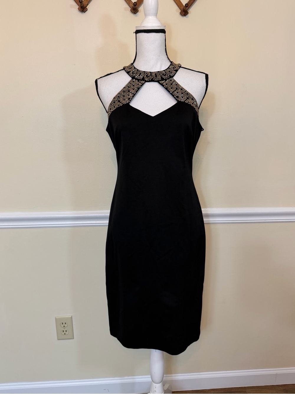 Cache Vintage Elegant Black Dress with Gold Beaded Halter